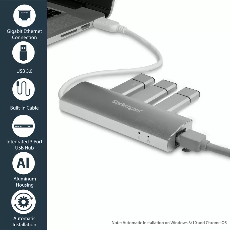 StarTech.com 3-Port Portable USB 3.0 Hub plus Gigabit Ethernet - Built-In kabel~3-Port Portable USB 3.0 Hub plus Gigabit Ethernet - 5Gbps - Built-In kabel