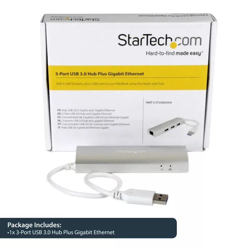 StarTech.com 3-Port Portable USB 3.0 Hub plus Gigabit Ethernet - Built-In kabel~3-Port Portable USB 3.0 Hub plus Gigabit Ethernet - 5Gbps - Built-In kabel