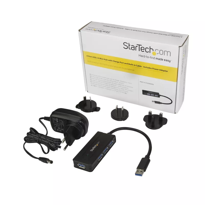 StarTech.com 4-portowy hub USB 3.0 (SuperSpeed 5 Gb/s) z szybkim ładowaniem – przenośny hub USB 3.1 Gen 1 typu A do laptopów/komputerów stacjonarnych – zasilany z magistrali USB lub zewnętrznie dla wysokiej wydajności – mini/kompaktowy