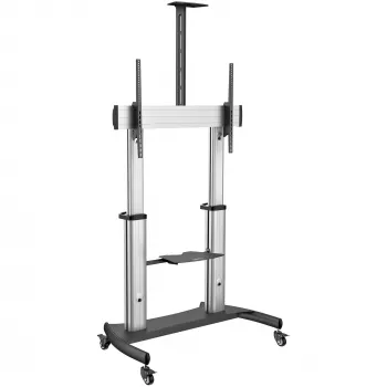 StarTech.com Mobilny stojak pod telewizor – wytrzymały wózek TV do wyświetlaczy 60-100 cali (100 kg/220 funtów) – regulowany wysokością, stojący na podłodze, na kółkach, do płaskich ekranów – uniwersalny uchwyt telewizyjny z półkami