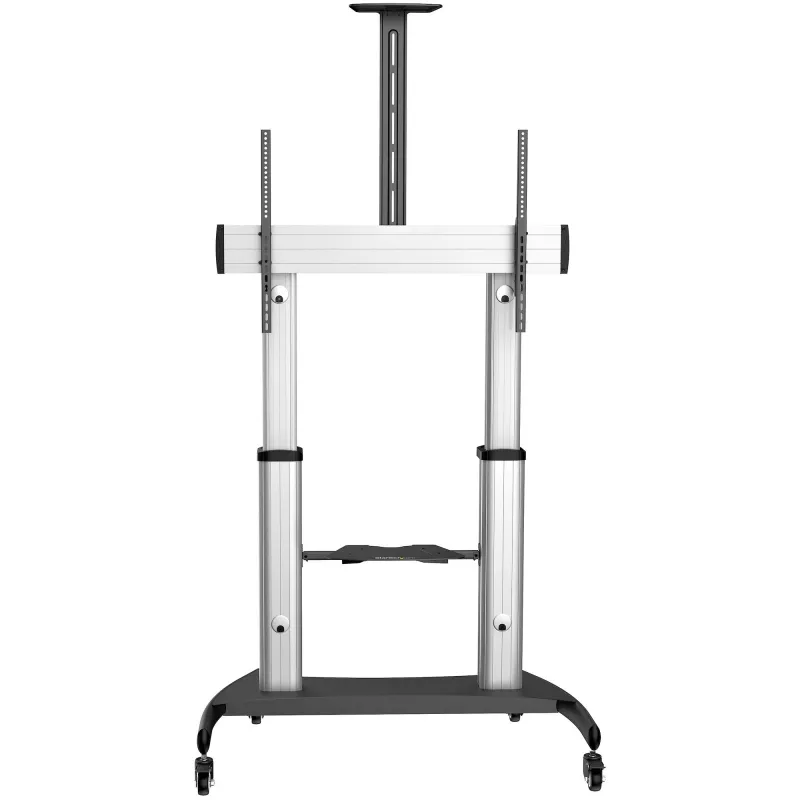 StarTech.com Mobilny stojak pod telewizor – wytrzymały wózek TV do wyświetlaczy 60-100 cali (100 kg/220 funtów) – regulowany wysokością, stojący na podłodze, na kółkach, do płaskich ekranów – uniwersalny uchwyt telewizyjny z półkami