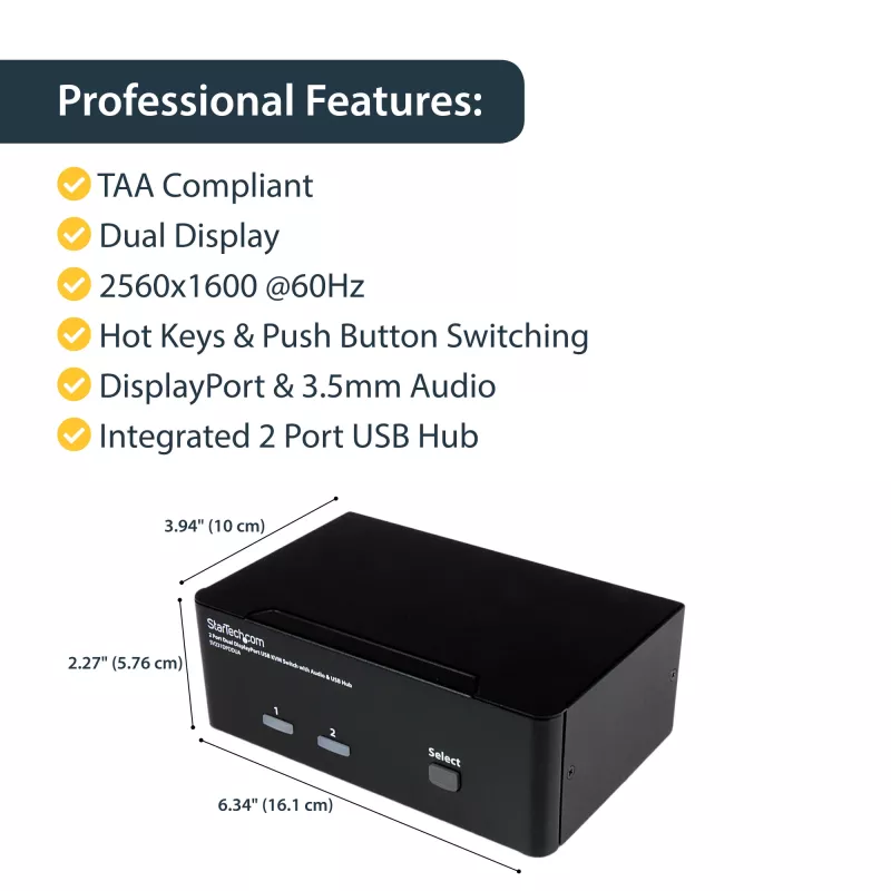 StarTech.com 2-portowy przełącznik KVM Dual DisplayPort USB z audio i hubem USB 2.0