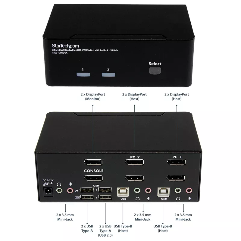 StarTech.com 2-portowy przełącznik KVM Dual DisplayPort USB z audio i hubem USB 2.0