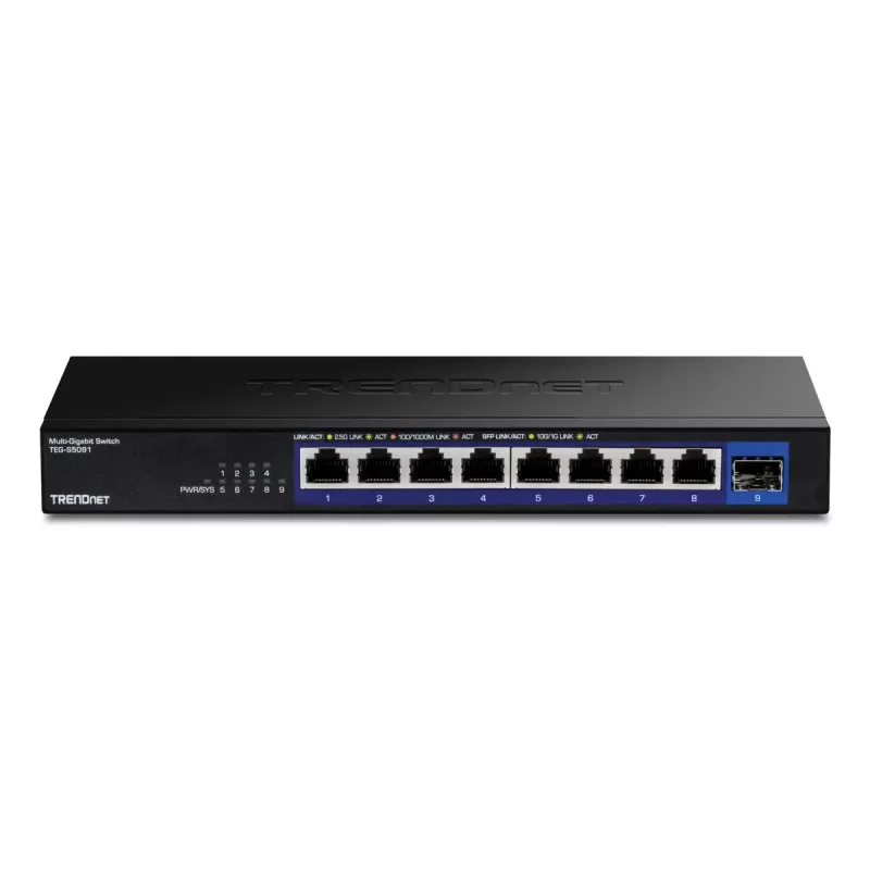 Niezarządzalny przełącznik sieciowy TRENDnet TEG-S5091 — 8× portów RJ-45 2,5G, 60 Gbit/s, 12V, z możliwością montażu na ścianie
