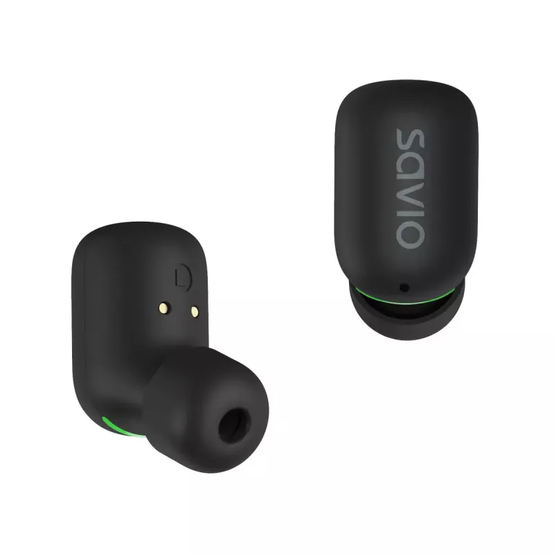 Bezprzewodowe słuchawki douszne SAVIO TWS-09 — Bluetooth 5.1, binauralne, 20–20000 Hz, 8 h czasu rozmów, powerbank, ładowanie USB-C, czarny