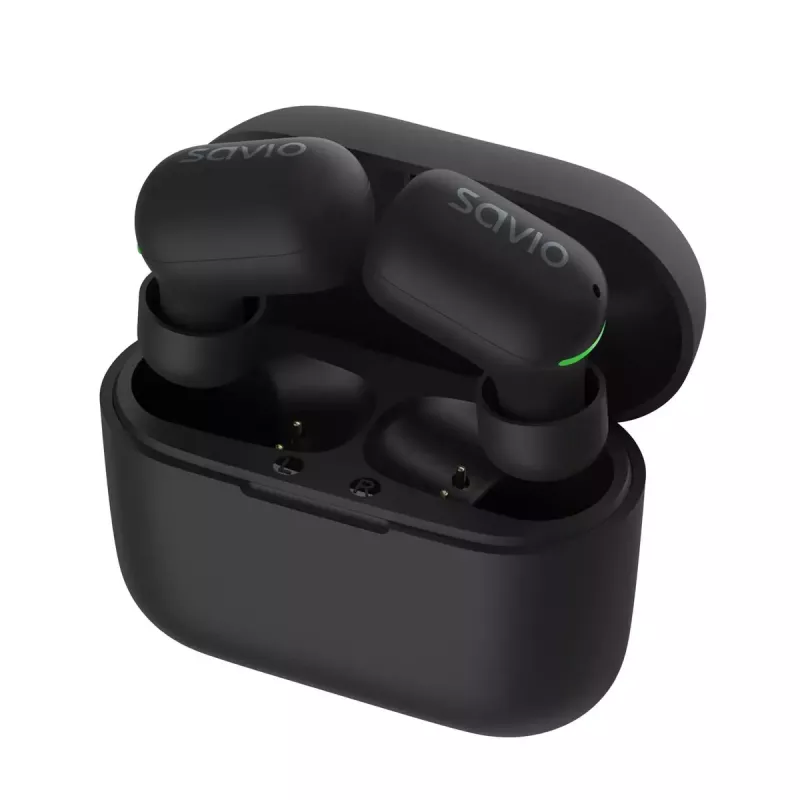 Bezprzewodowe słuchawki douszne SAVIO TWS-09 — Bluetooth 5.1, binauralne, 20–20000 Hz, 8 h czasu rozmów, powerbank, ładowanie USB-C, czarny