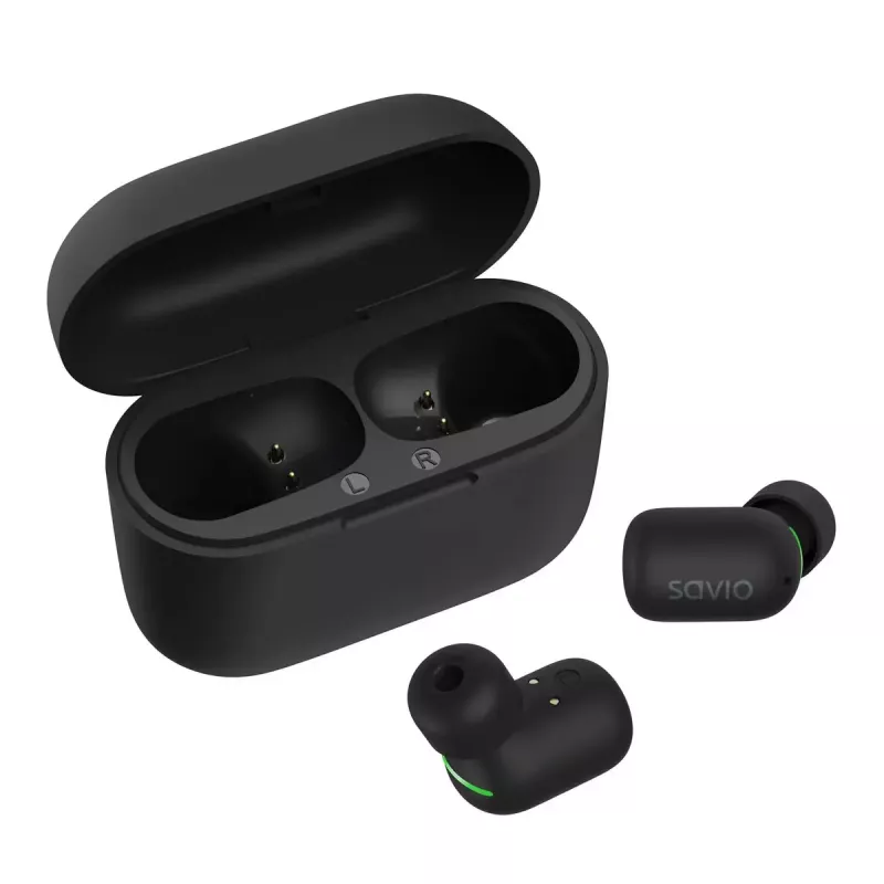 Bezprzewodowe słuchawki douszne SAVIO TWS-09 — Bluetooth 5.1, binauralne, 20–20000 Hz, 8 h czasu rozmów, powerbank, ładowanie USB-C, czarny