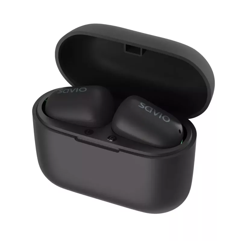 Bezprzewodowe słuchawki douszne SAVIO TWS-09 — Bluetooth 5.1, binauralne, 20–20000 Hz, 8 h czasu rozmów, powerbank, ładowanie USB-C, czarny