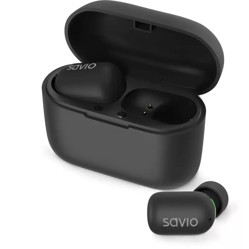 Bezprzewodowe słuchawki douszne SAVIO TWS-09 — Bluetooth 5.1, binauralne, 20–20000 Hz, 8 h czasu rozmów, powerbank, ładowanie USB-C, czarny