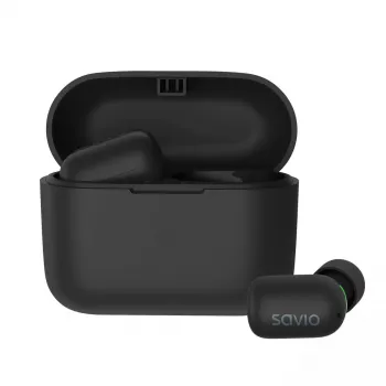 Bezprzewodowe słuchawki douszne SAVIO TWS-09 — Bluetooth 5.1, binauralne, 20–20000 Hz, 8 h czasu rozmów, powerbank, ładowanie USB-C, czarny