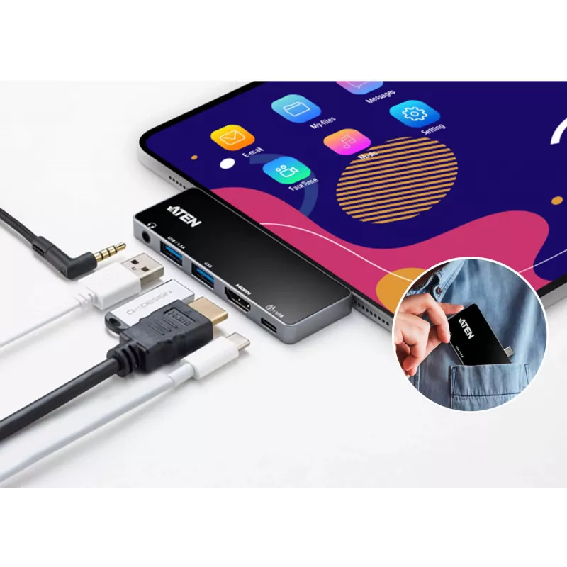 Stacja dokująca podróżna ATEN USB-C z przesyłem mocy, uniwersalna, USB Type-C, czarny, srebrny