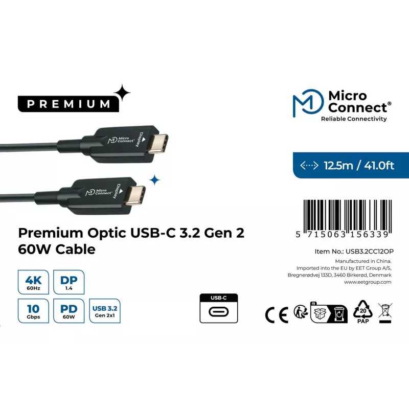 Kabel USB MicroConnect USB3.2CC12OP USB 3.2 Gen 2 (3.1 Gen 2) 12,5 m USB C Czarny