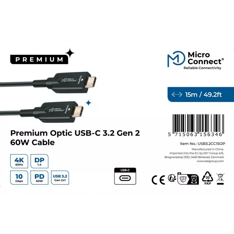 Kabel USB Microconnect USB3.2CC15OP 15 m USB-C czarny 10 Gbit/s