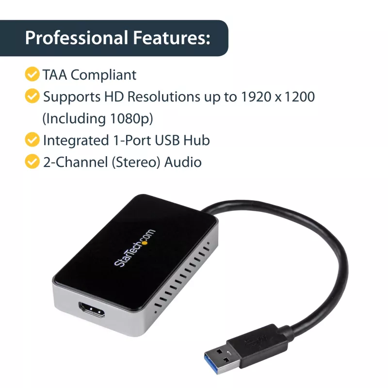 StarTech.com Adapter USB 3.0 na HDMI z 1x USB, konwerter monitora USB na HDMI dla Windows (brak wsparcia dla macOS/ChromeOS/Linux) - TAA