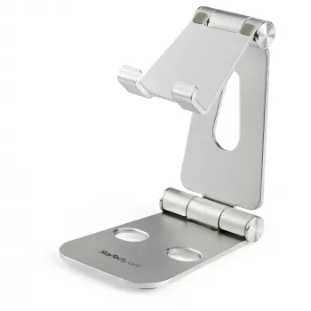 Podstawka StarTech.com pod telefon i tablet – Składany uniwersalny uchwyt do urządzeń mobilnych dla smartfonów i tabletów – Regulowana, ergonomiczna podstawka biurkowa pod telefon komórkowy z wieloma kątami nachylenia – Przenośna – Srebrna