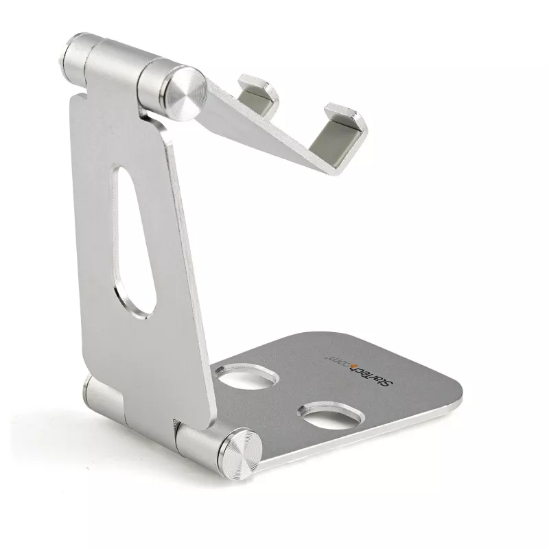 Podstawka StarTech.com pod telefon i tablet – Składany uniwersalny uchwyt do urządzeń mobilnych dla smartfonów i tabletów – Regulowana, ergonomiczna podstawka biurkowa pod telefon komórkowy z wieloma kątami nachylenia – Przenośna – Srebrna