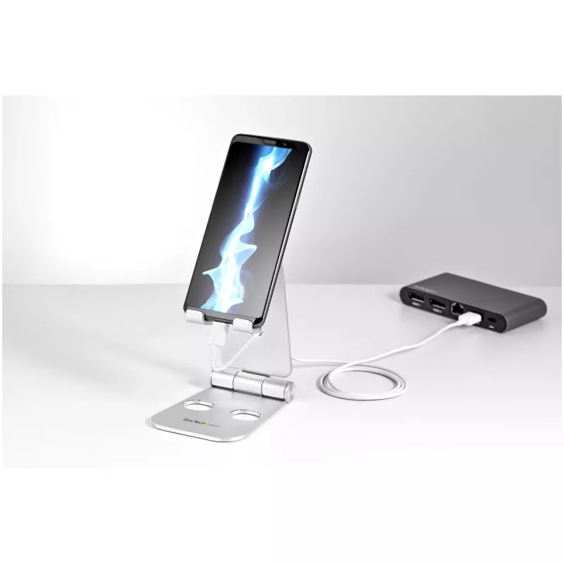 Podstawka StarTech.com pod telefon i tablet – Składany uniwersalny uchwyt do urządzeń mobilnych dla smartfonów i tabletów – Regulowana, ergonomiczna podstawka biurkowa pod telefon komórkowy z wieloma kątami nachylenia – Przenośna – Srebrna
