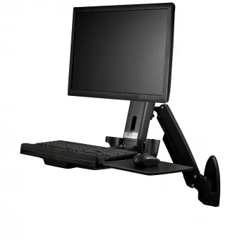 Stanowisko robocze montowane na ścianie StarTech.com — przegubowe biurko stojące z pełnym zakresem ruchu, ergonomicznie regulowane ramię na monitor i tacę na klawiaturę — uchwyty na mysz i skaner — pojedynczy wyświetlacz VESA