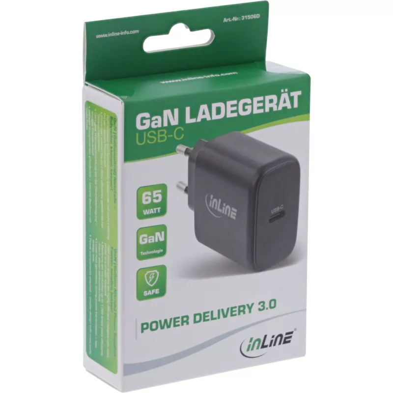 Zasilacz InLine USB PD, ładowarka GaN, pojedyncze USB-C, Power Delivery, 65 W