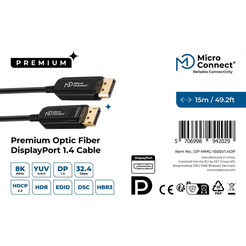 Kabel DisplayPort Microconnect DP-MMG-1500V1.4OP 15 m czarny