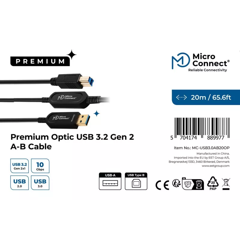 Microconnect MC-USB3.0AB20OP Kabel USB USB 3.2 Gen 2 (3.1 Gen 2) 20 m USB A USB B Czarny