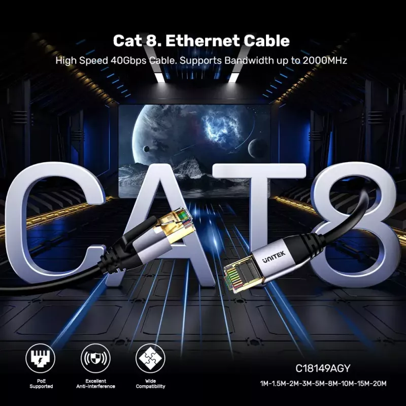 Kabel sieciowy UNITEK C18149AGY03-3M RJ-45 Cat8 3m Czarny