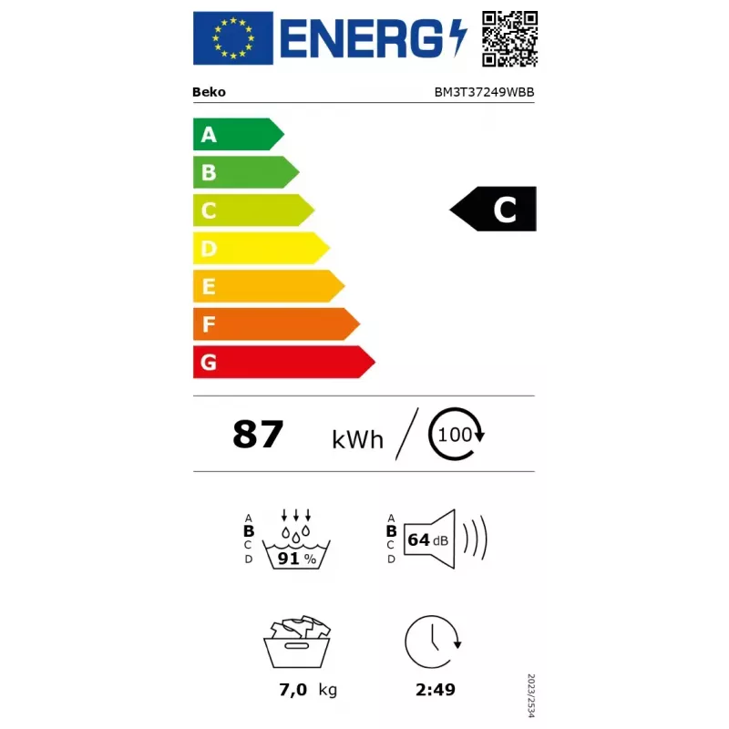 Suszarka BEKO | BM3T37249WBB | Klasa efektywności energetycznej C | Ładowanie od przodu | 7 kg | Cyfrowa | Głębokość 54,5 cm | Biała