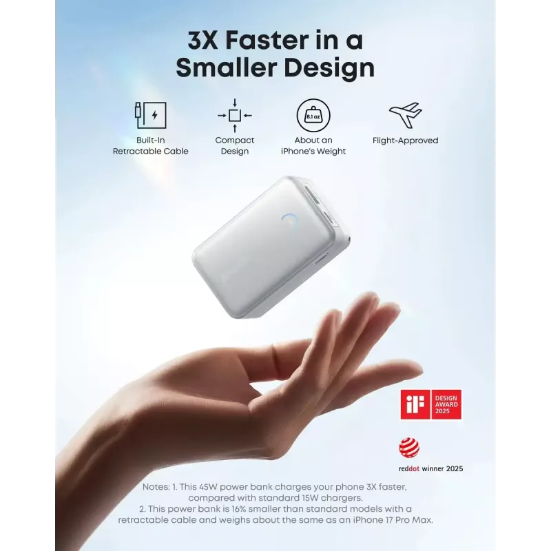 Powerbank Anker Nano 45W z wbudowanym wysuwanym kablem USB-C A1638H11 10000 mAh Czarny