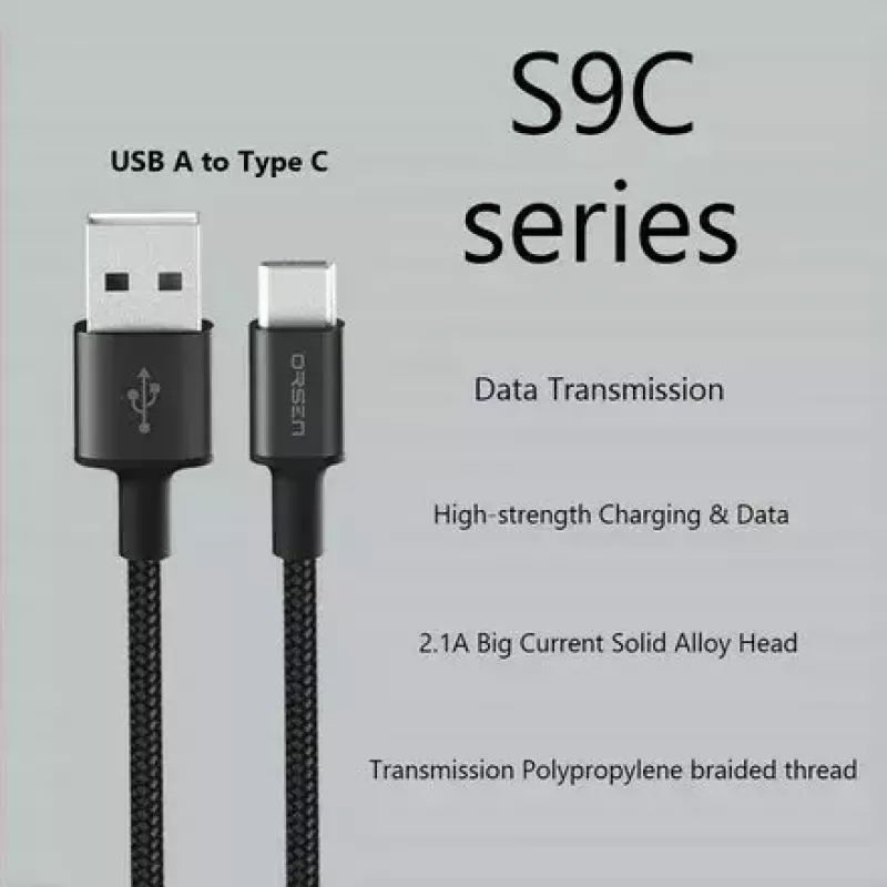 Kabel USB-A – USB-C Orsen S9C 1 m, 2,1 A, czarny