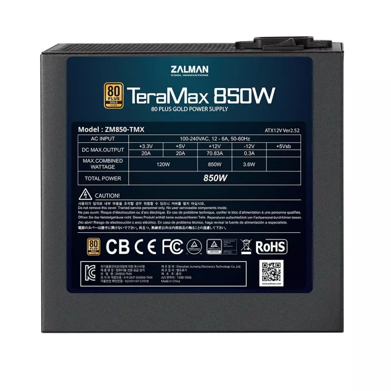 Zalman ZM850-TMX TerraMax 80 PLUS GOLD PSU 850W/Full-modular 99.9% Active PFC/Single zasilacz Czarny