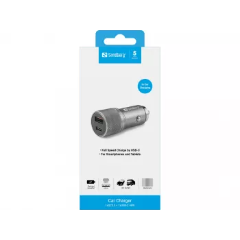 Sandberg Car Charger 1xQC3.0+1xUSB-C 48W, Auto, Cigar lighter, 12 V, Metallic