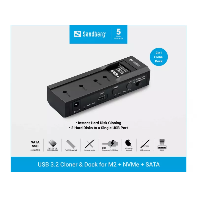 Sandberg USB 3.2 Cloner i stacja dokująca dla M2 + NVMe + SATA