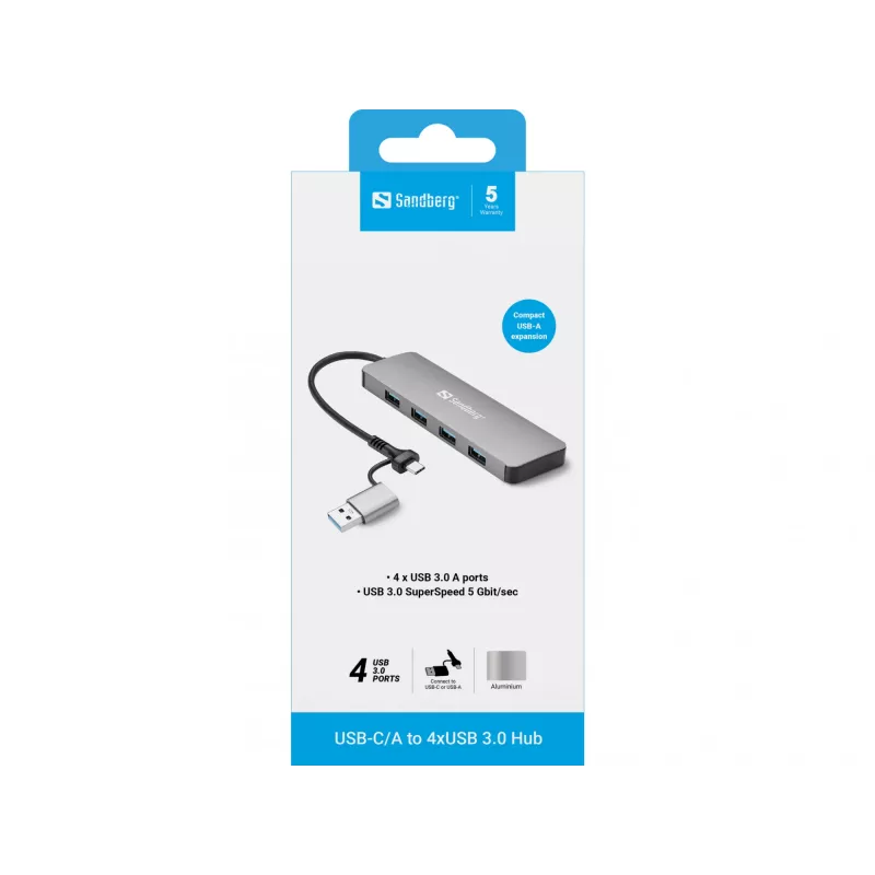 Sandberg USB-C/A do 4xUSB 3.0 Hub Aluminium 5000 Mbit/s