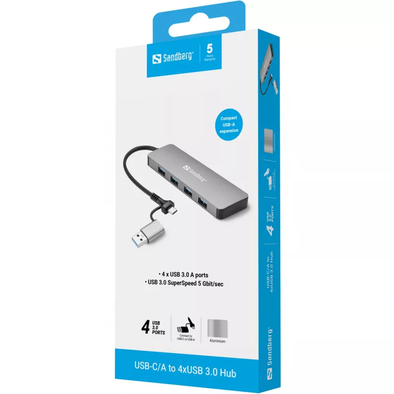 Sandberg USB-C/A do 4xUSB 3.0 Hub Aluminium 5000 Mbit/s