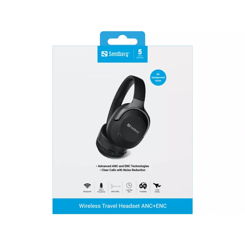 Sandberg Wireless Travel Headset ANC+ENC, bezprzewodowy, połączenia/muzyka, 228 g, zestaw słuchawkowy, czarny