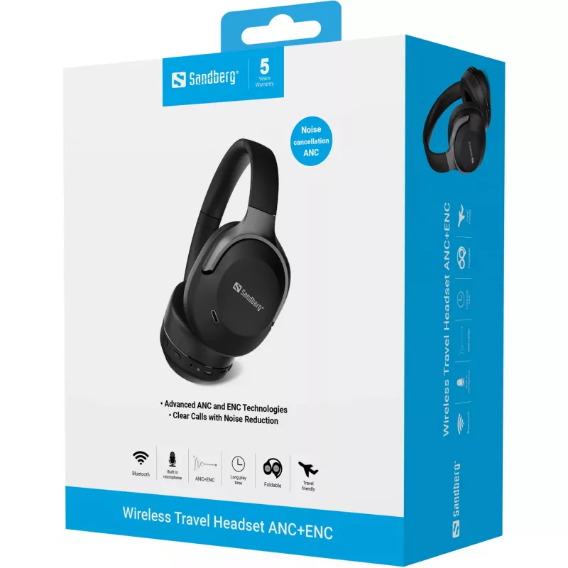 Sandberg Wireless Travel Headset ANC+ENC, bezprzewodowy, połączenia/muzyka, 228 g, zestaw słuchawkowy, czarny