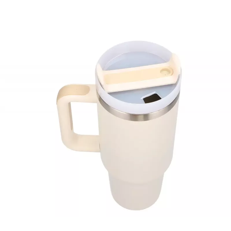 Kubek podróżny Extralink Czarny Forest 1200 ml beżowy — kubek termiczny ze słomką i uchwytem