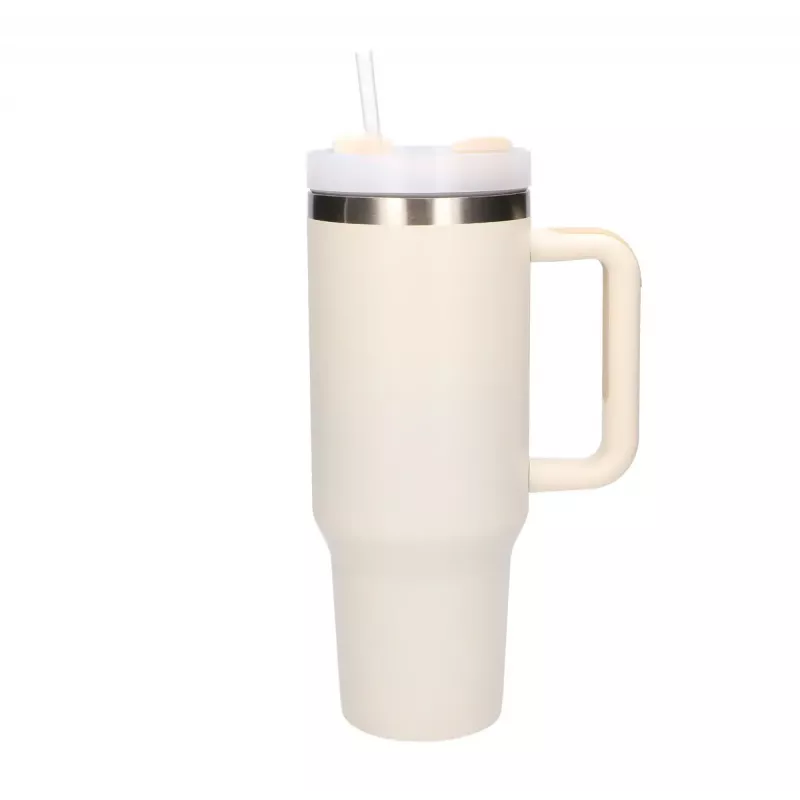 Kubek podróżny Extralink Czarny Forest 1200 ml beżowy — kubek termiczny ze słomką i uchwytem
