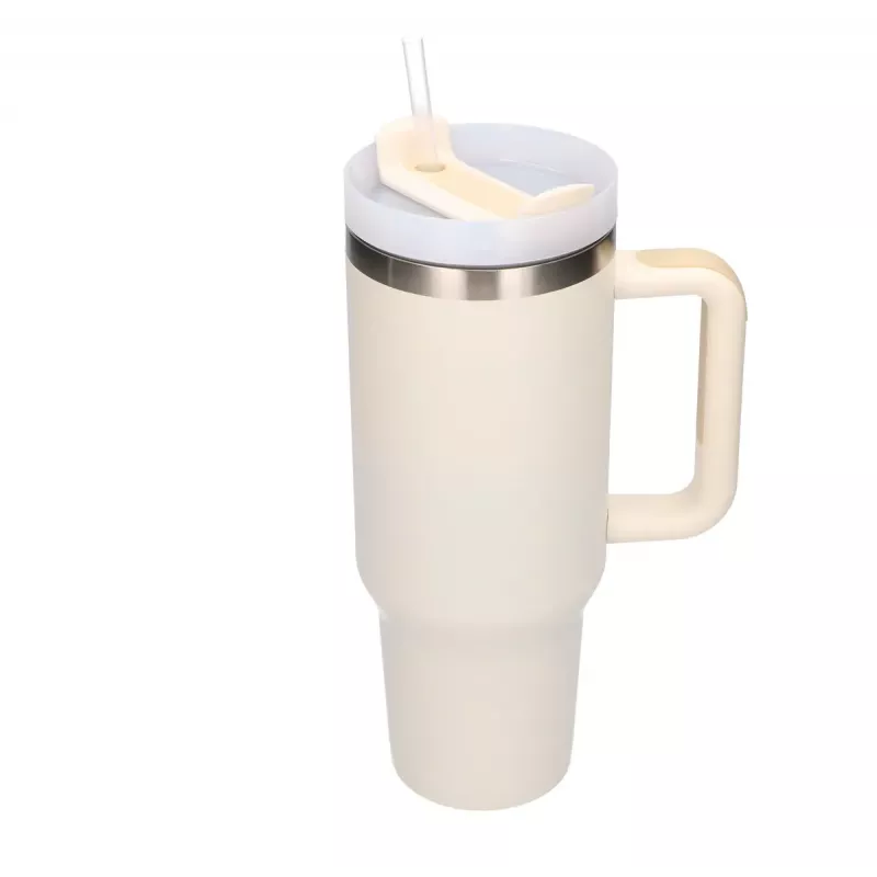 Kubek podróżny Extralink Czarny Forest 1200 ml beżowy — kubek termiczny ze słomką i uchwytem