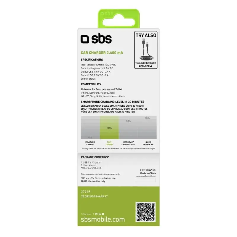 Ładowarka samochodowa SBS Mobile TECR2USB24AFAST — Automatyczna ładowarka USB, zasilanie z gniazda zapalniczki, uniwersalna, czarna