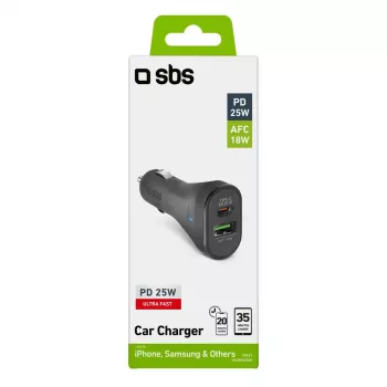 Ładowarka samochodowa SBS Mobile TECRPD25W — do gniazda zapalniczki, 12–24V, 1×USB-A, 1×USB-C, szybkie ładowanie, czarna