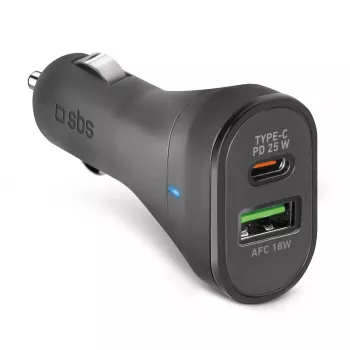 Ładowarka samochodowa SBS Mobile TECRPD25W — do gniazda zapalniczki, 12–24V, 1×USB-A, 1×USB-C, szybkie ładowanie, czarna