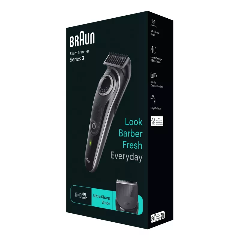 Braun BeardTrimmer 3 Trymer do Brody 3 BT3440, Zmywalny, Zasilany bateriami, Czarny
