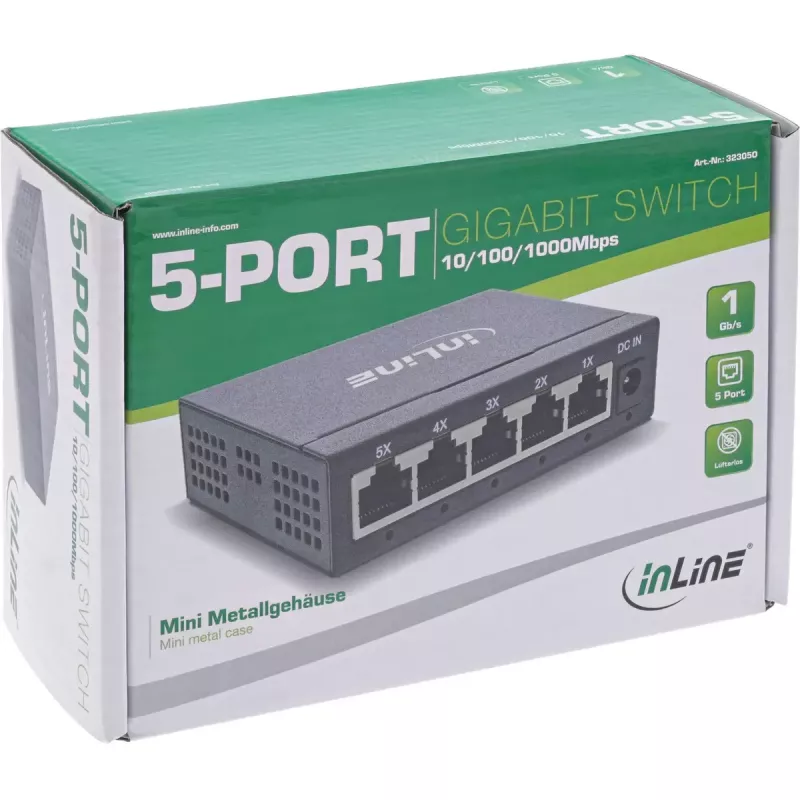 InLine przełącznik sieciowy Gigabit 5-portowy, 1 Gb/s, desktop, metalowa obudowa, bez wentylatora