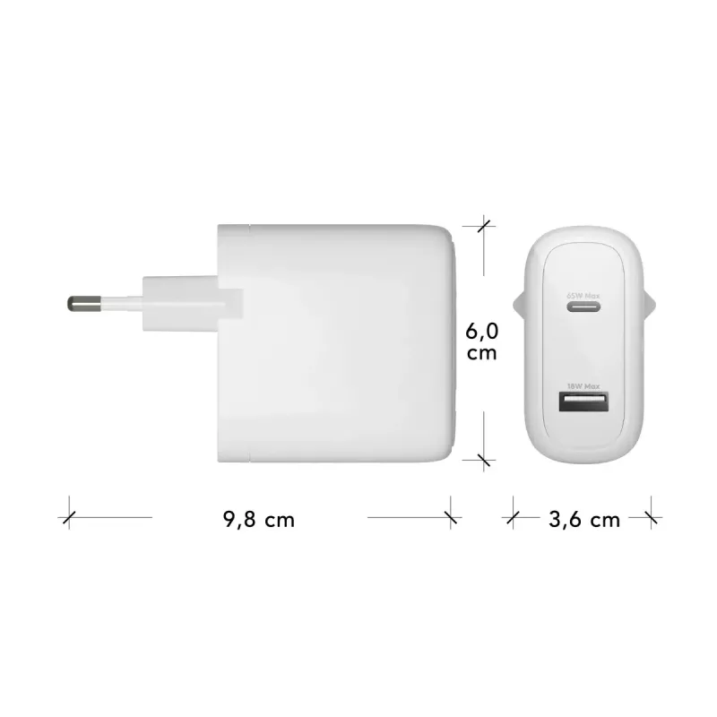 Ładowarka d bramante re-charge Pro EU – Wewnętrzna AC 110–240 V, USB‑C 65 W + USB‑A 18 W, Biała