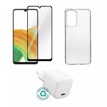 Zestaw ładowarki sieciowej do pokoju eSTUFF ES-KIT-SAMGALA335G dla Samsung Galaxy A33, kompatybilny z telefonami komórkowymi, przezroczysty/biały, 0,094 kg