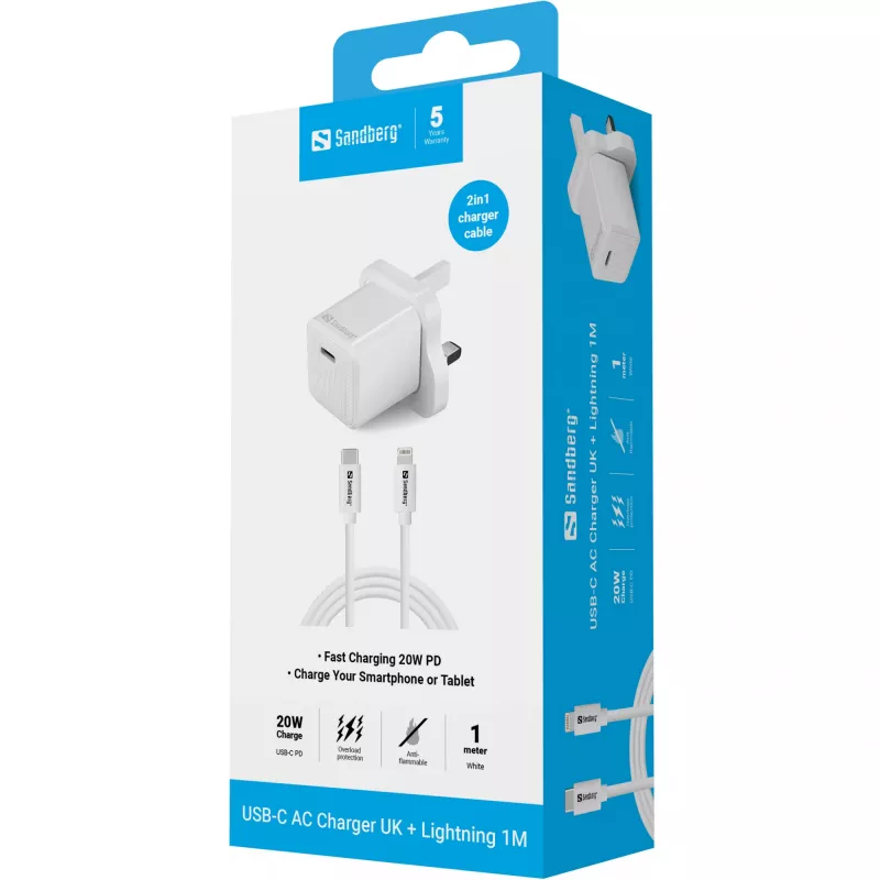 Ładowarka USB-C SANDBERG 441-64 20W wtyczka UK — szybkie ładowanie USB Power Delivery