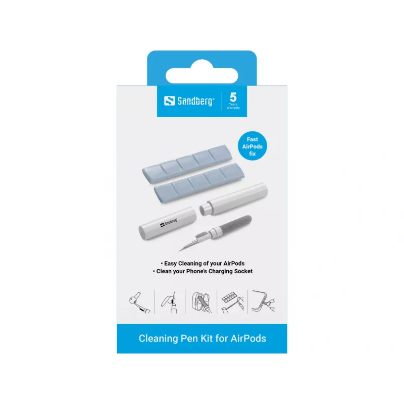 Zestaw do czyszczenia Sandberg Cleaning Pen Kit do słuchawek AirPods, szaro-biały