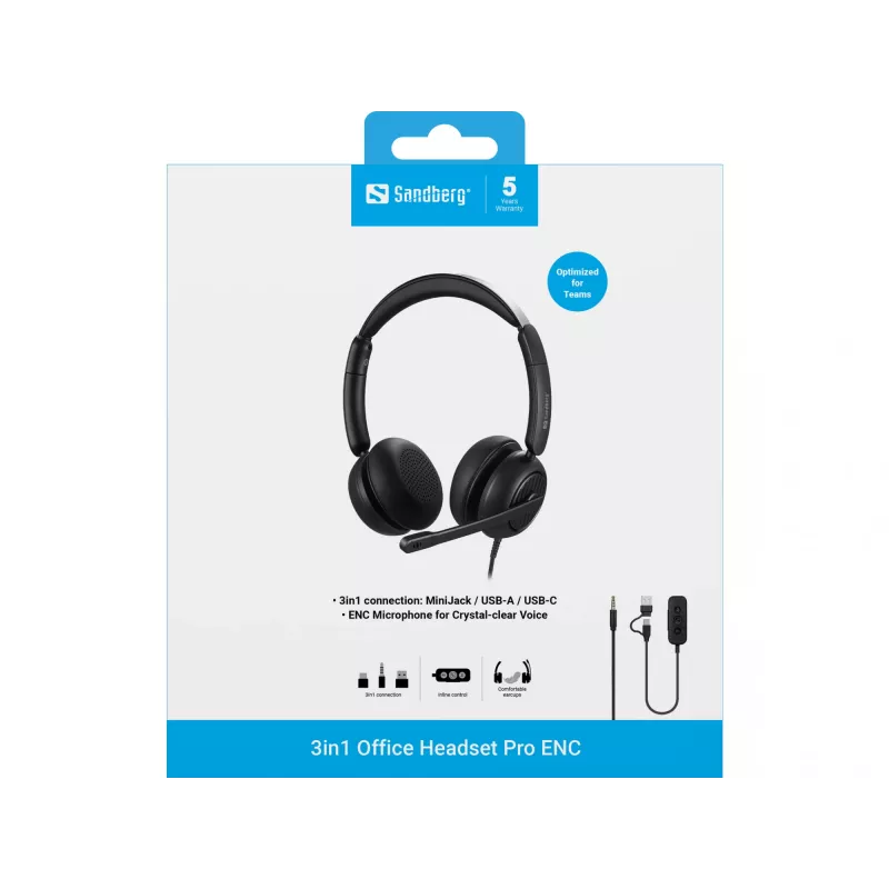 Przewodowy zestaw słuchawkowy Sandberg 3in1 Office Headset Pro ENC 20-20000 Hz