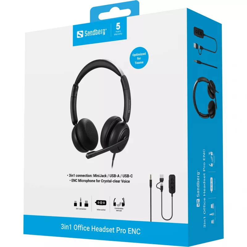 Przewodowy zestaw słuchawkowy Sandberg 3in1 Office Headset Pro ENC 20-20000 Hz